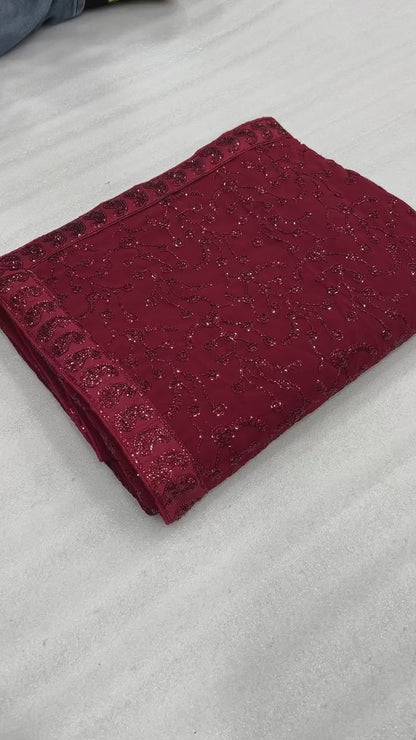 Maroon Heavy Designer Georgette Party Wear Saree With Heavy 3MM Sequance Embroidery Work Saree With Blouse