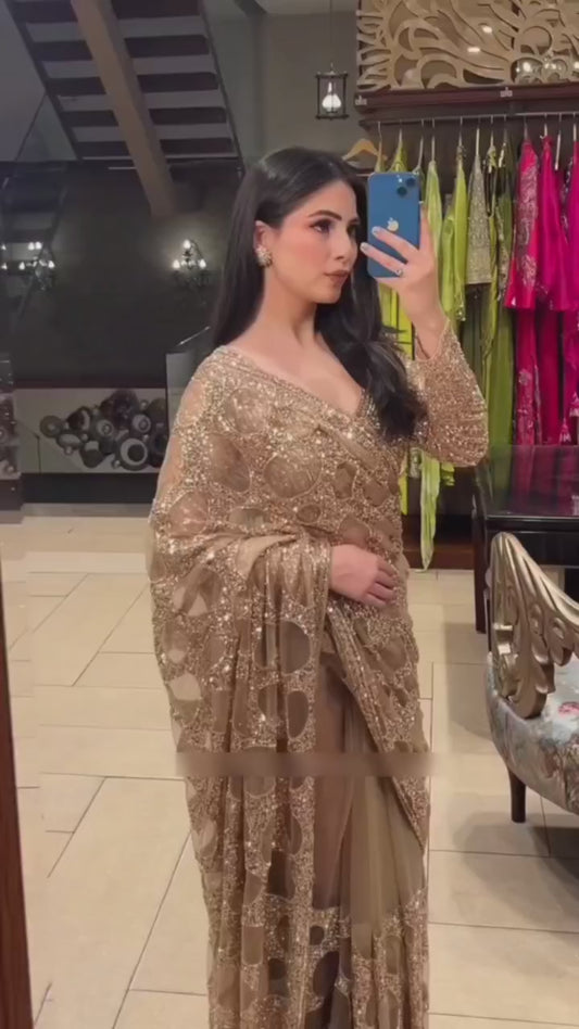 Heavy Quality Butterfly Net Sequins Embroidery work Saree | 4.4 Mtr Work | Blouse-Butterfly Net With Heavy Embroidery Front & Back Multi & Sequins With Sleeves Embroidery Work
