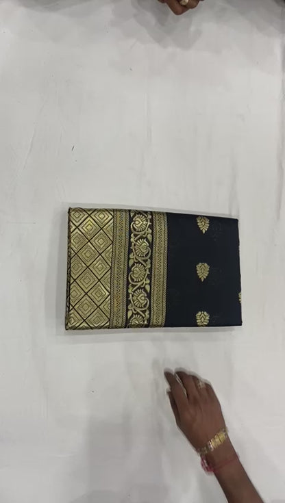 Black Woven Banarasi Silk Saree with Contrast Border & Blouse Piece