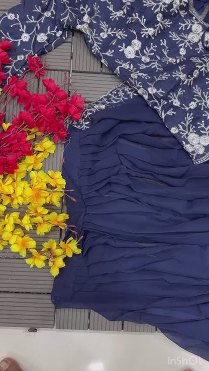 Navy Blue Georgette Saree With Fancy Half Jacket Blouse & Black Georgette Floral Border Saree