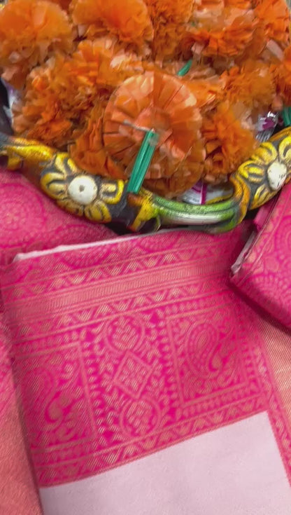 Golden Peach Banarasi Style Pure Kanjivaram Silk Jacquard  Saree With Un-Stiched Blouse