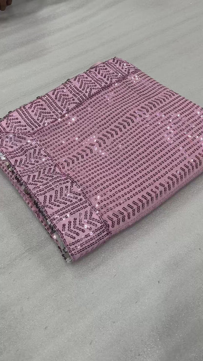 Baby Pink Georgette Sequence Embroidery Work Designer  Beautiful Saree, Stunning Look Party Wear Saree With  Silk Blouse