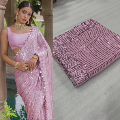 Baby Pink Georgette Sequence Embroidery Work Designer  Beautiful Saree, Stunning Look Party Wear Saree With  Silk Blouse