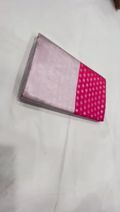 Women's Pink White Kanchipuram Banarasi Lichi Silk Saree With Plain Unstitched Blouse piece