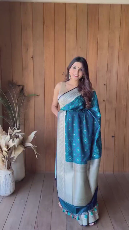 Tremendous Blue Color Wedding Wear Soft Lichi Silk Designer Jacquard Work All Over Saree With Blouse By Dealbazaars