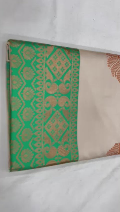 White Green Floral Woven Soft Lichi Silk Saree with Unstitched Blouse Piece