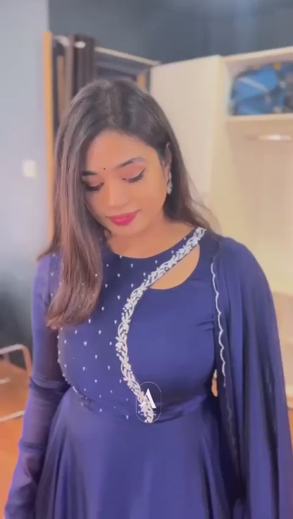Beautiful Navy Blue Georgette Embroidered Gown Set