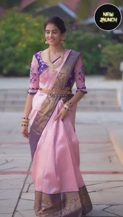 Women's Pink Banarasi Soft Lichi Silk Saree For Beautiful Rich Pallu & Jacquard Lace Border Work Saree With 2 Blouse Pieces