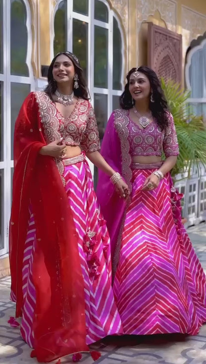 Pink & Red Dori Embroidered Silk Party Wear Lehenga choli