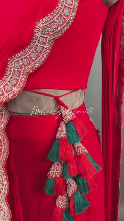Red New Super Trending Embroidery cording work ready to wear saree with half koti