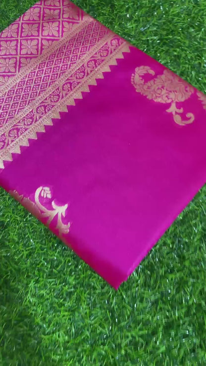 Pink Woven Kanjivaram Banarasi Jacquard Silk Saree with Golden Zari Work , Pure Silk Saree  For Womens