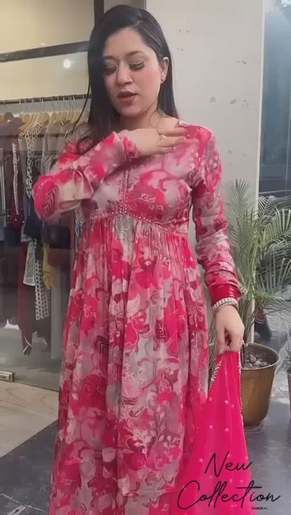 Red Beautiful foux Georgette digital printed gown with mirror work Dupptta & printed Sarara plazo