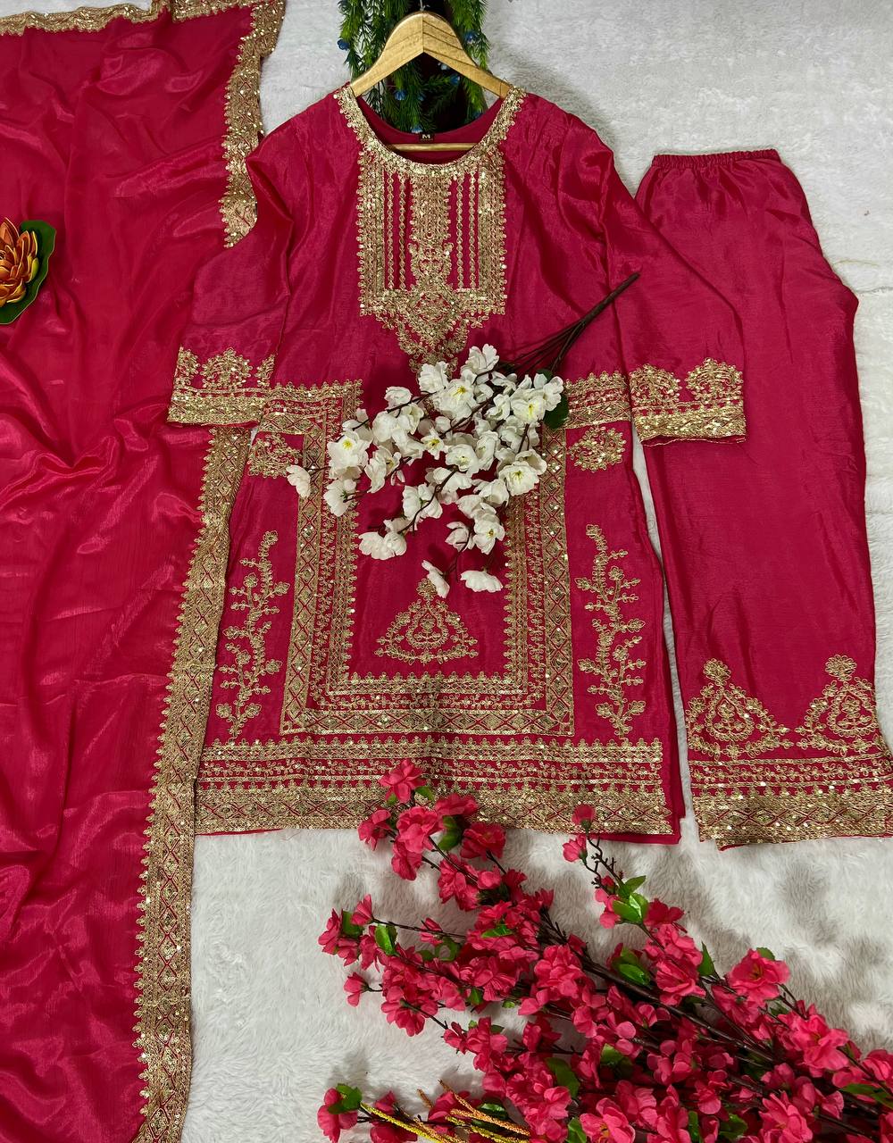 Kurti Pant 3 pcs Pair Embroidered Attractive Party Wear Chinon Silk Fabric Kurti Pair has a Regular-fit